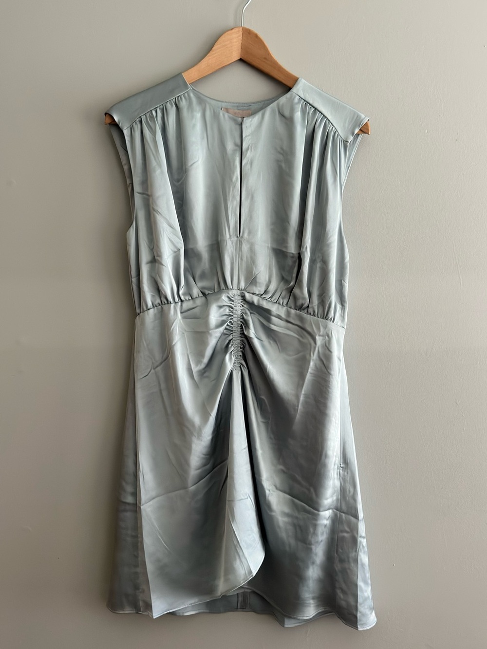 H&M Light Sage Ruched Satin Midi Dress